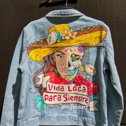 Painted denim jacket Day of the Dead in Mexico scull skull death's head Jeans jacket Personalized jacket Birds