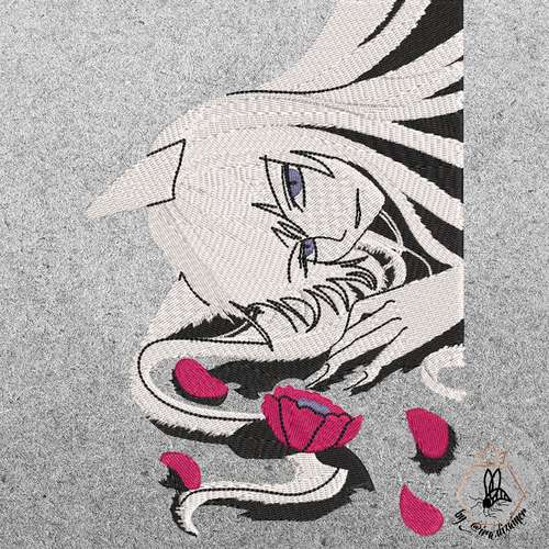 Tomoe Kamisama is a beautiful white fox demon. He lies depressed and flower petals fall over him. This is a machine embr