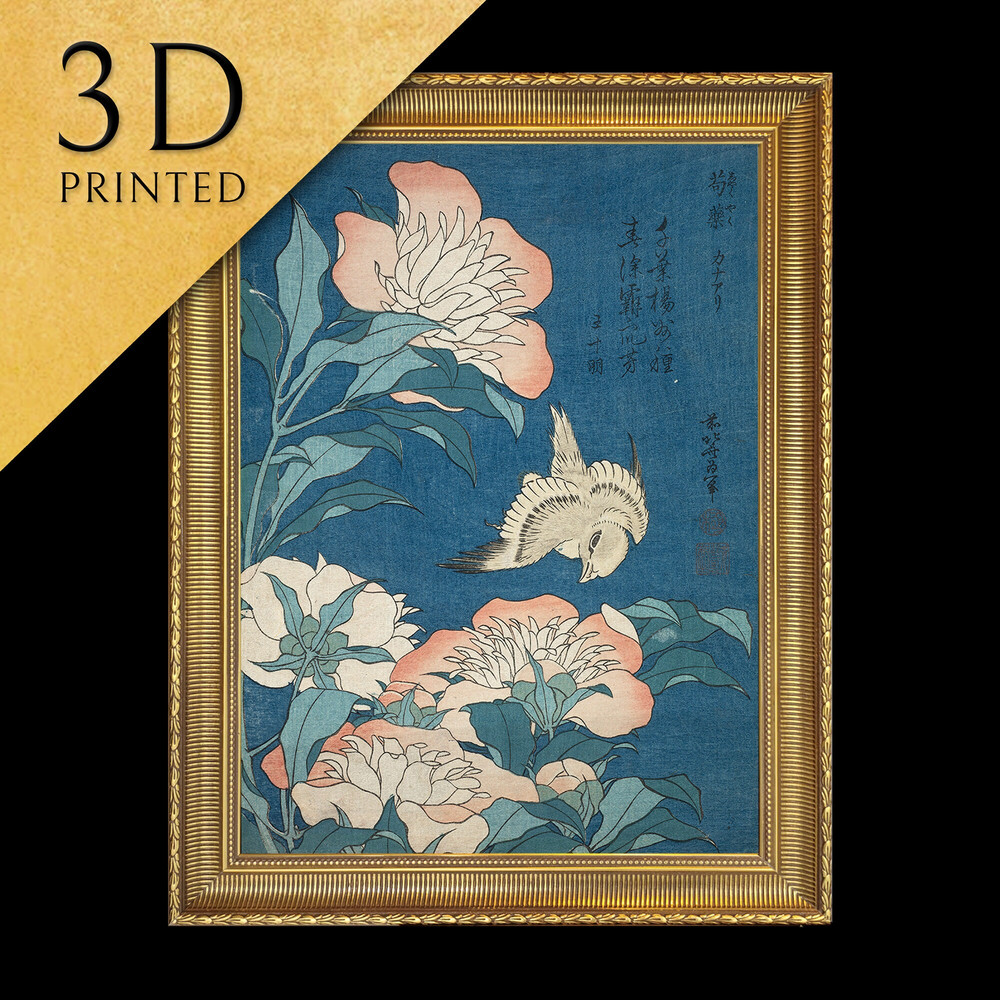 Peonies and Canary by Hokusai, 3d Printed with texture and brush strokes looks like original oil-painting, code314.jpg