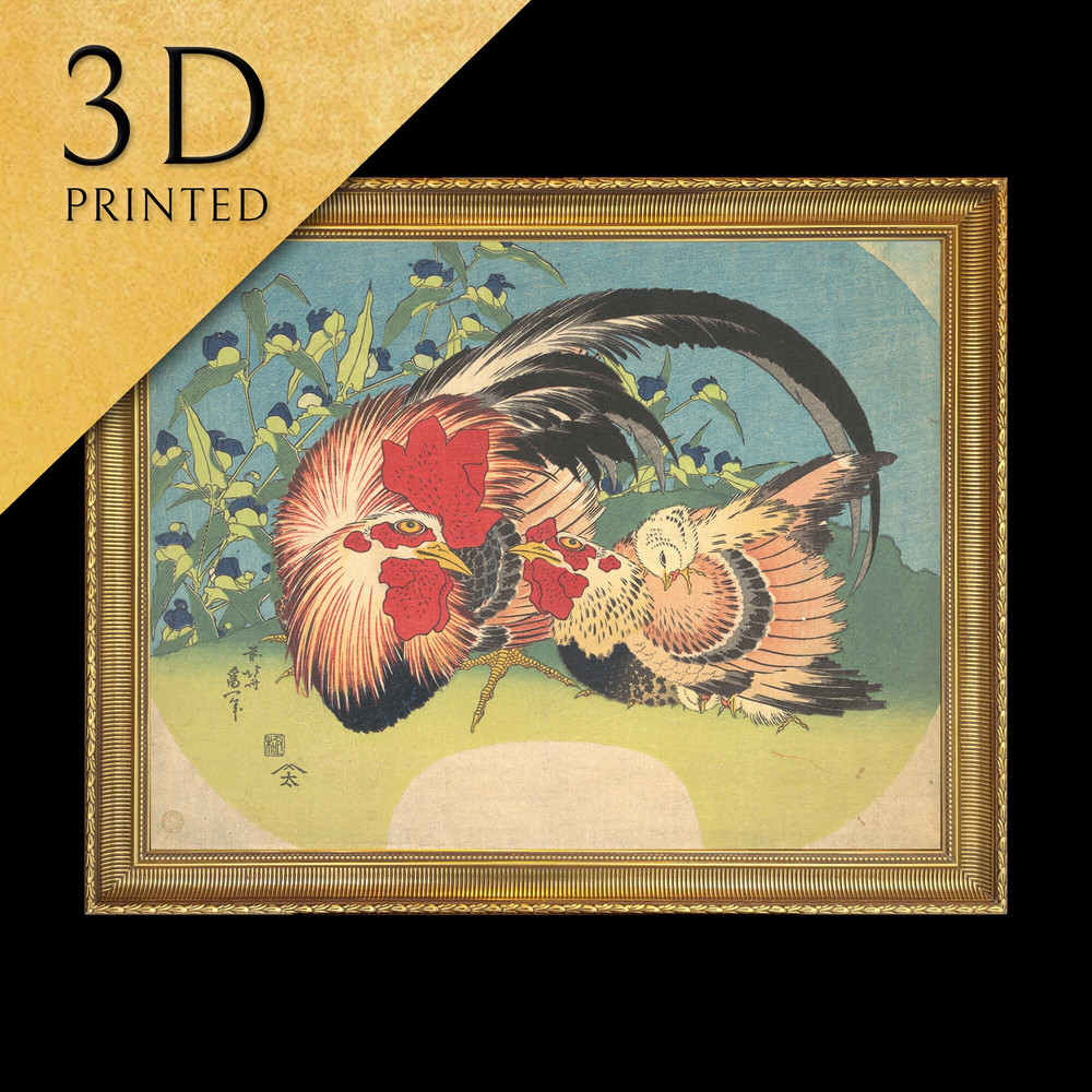 Rooster, Hen and Chicken with Spiderwort by Hokusai, 3d Printed with texture and brush strokes looks like original oil-painting, code317.jpg