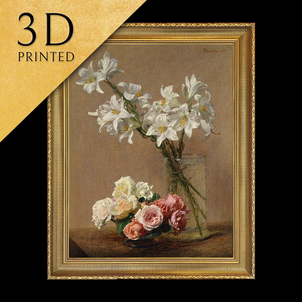 Roses and Lilies by Henri FantinLatour, 3d Printed with texture and brush strokes looks like original oil-painting, code135.jpg
