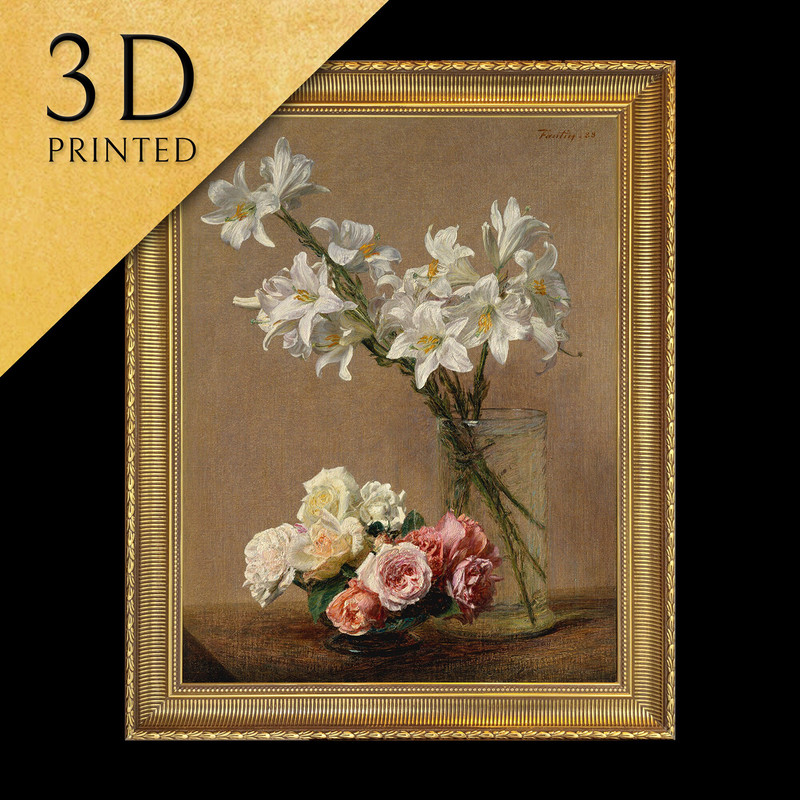Roses and Lilies by Henri FantinLatour, 3d Printed with texture and brush strokes looks like original oil-painting, code135.jpg