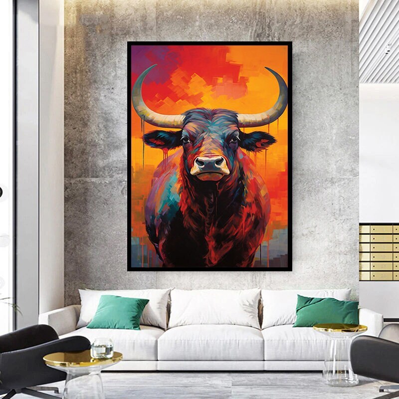 Abstract canvas print of a bull painting, dark blue and orange, ox art, bull wall art, bull poster, bold, colorful.jpg