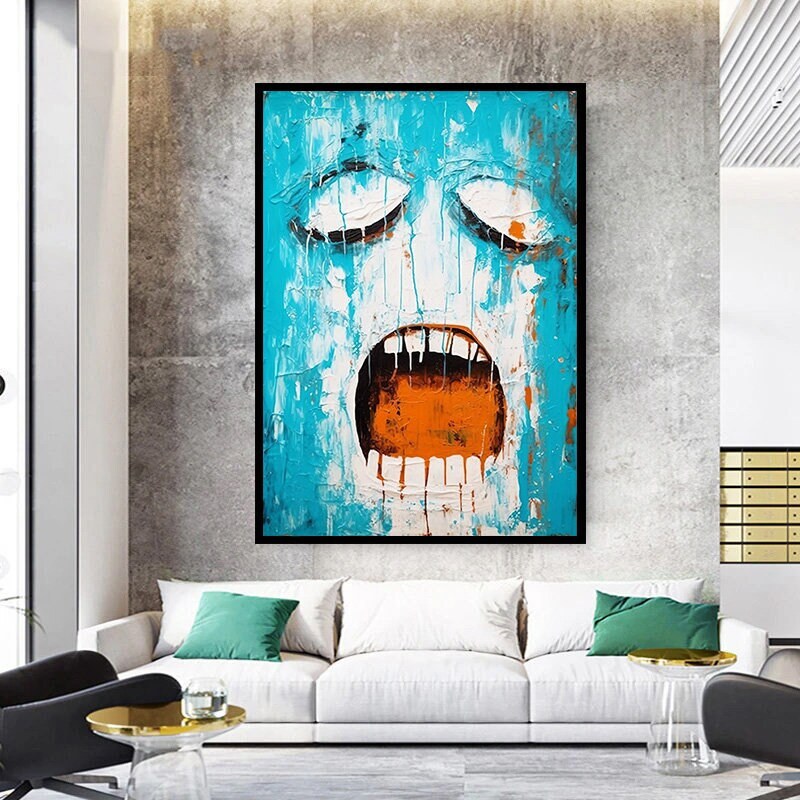 abstract canvas print, confused face wall decor, blue and white canvas print, screaming picture, different abstract decor.jpg