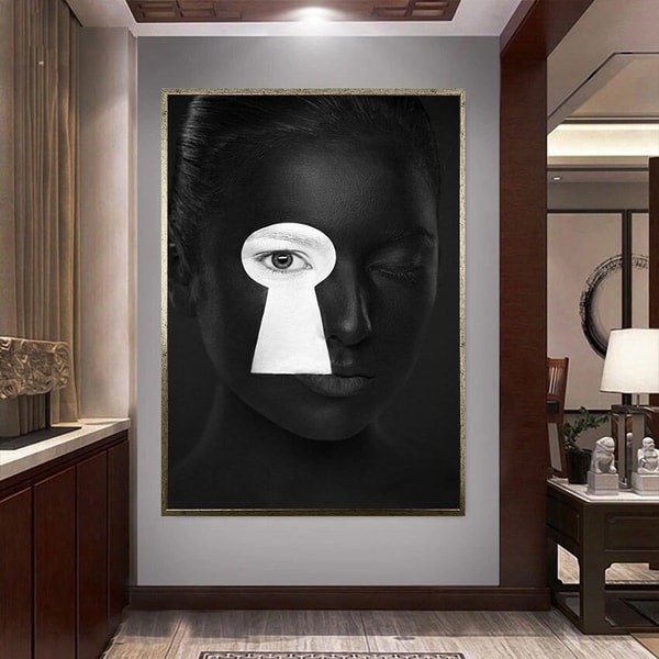 african woman canvas wall art, woman with white makeup canvas wall art, makeup ready to hang canvas wall art with lock sign.jpg