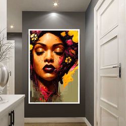 african woman with paint head canvas wall art, woman with purple lipstick canvas print art, african