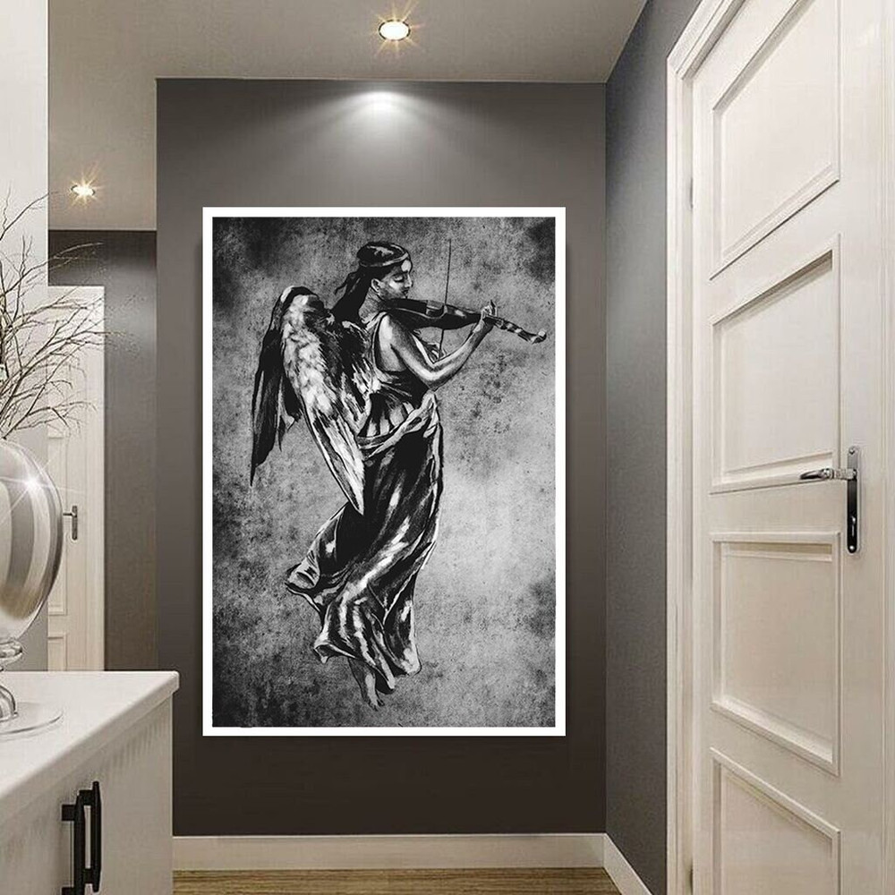 Angel playing the violin canvas print, black and white canvas, angel man with wings, black and white art, ready to hang canvas.jpg