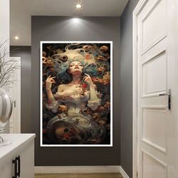 angel woman canvas wall decor, skulls and flowers canvas print art, scary canvas wall art, spirit wo