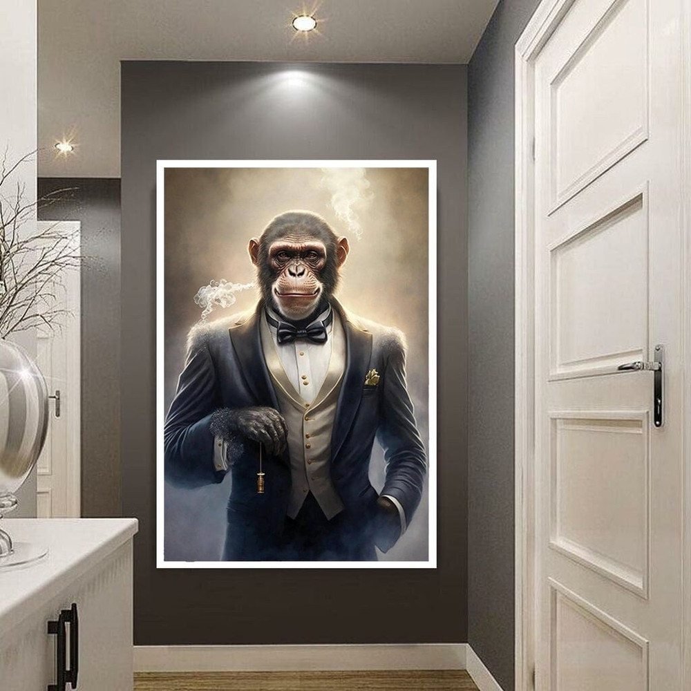 Artist Monkey Framed Canvas, Cigar Smoking Monkey Wall Art, Intellectual Monkey Canvas, Animals Wall Art, Artist Monkey Black Framed Canvas.jpg
