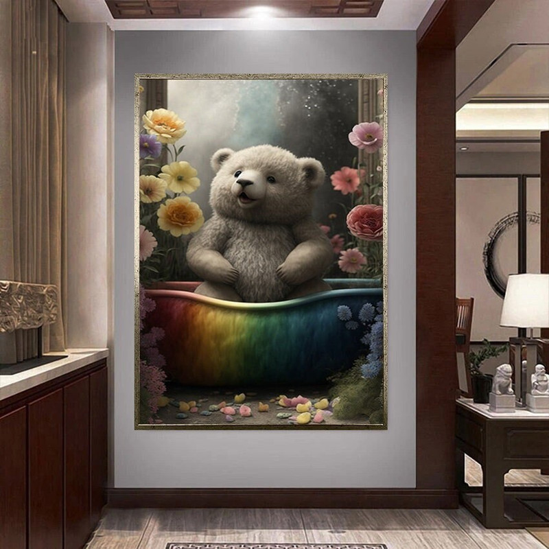 baby bear canvas wall art, colorful bathtub canvas print art, pink flowers canvas wall decor, white flowers canvas print art.jpg