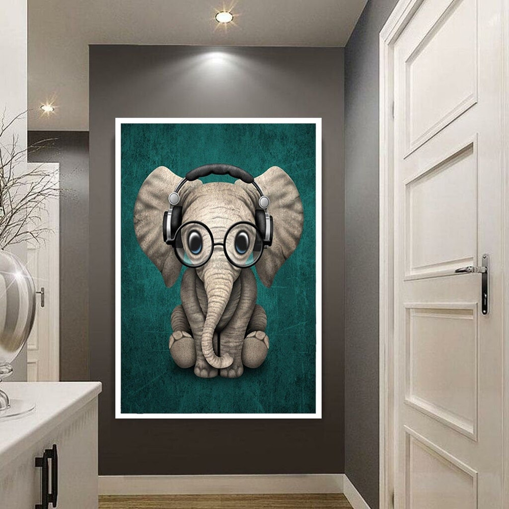 baby elephant canvas wall art, elephant with big eyes canvas print art, elephant with glasses canvas wall decor, elephant with headphones.jpg