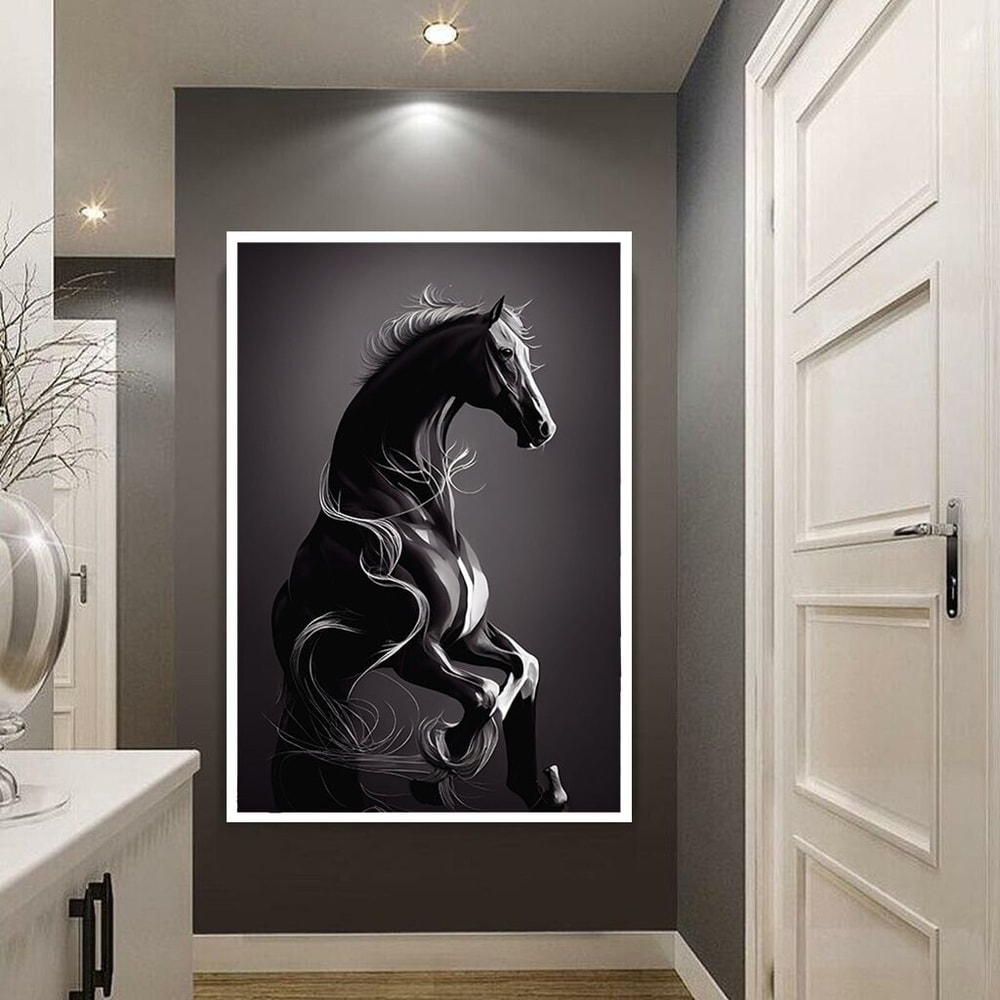 Black Horse Canvas Print Art,Black Horse Print on Canvas,Wild Horse Painting,Horse Canvas Wall Art,Black Horse Poster,Surreal Animal Art.jpg