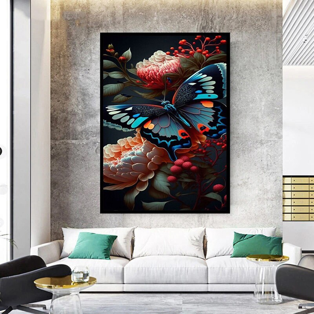 blue butterfly canvas wall art, spotted butterfly canvas print art, pink floral canvas wall decor, butterfly on flower canvas wall decor.jpg