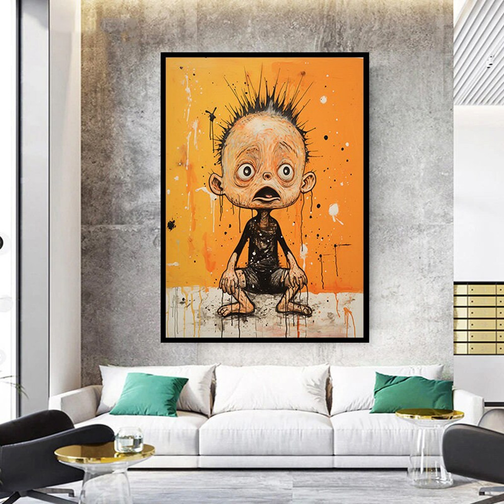 children's canvas print, abstract wall decor, colorful room presentation, child with spiky hair, orange and black room decor.jpg