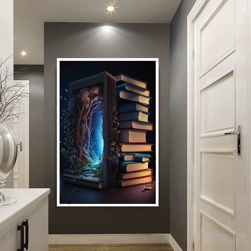 colorful books canvas wall art, surreal books canvas print art, enchanted forest canvas wall art, ready to hang canvas wall decor.jpg