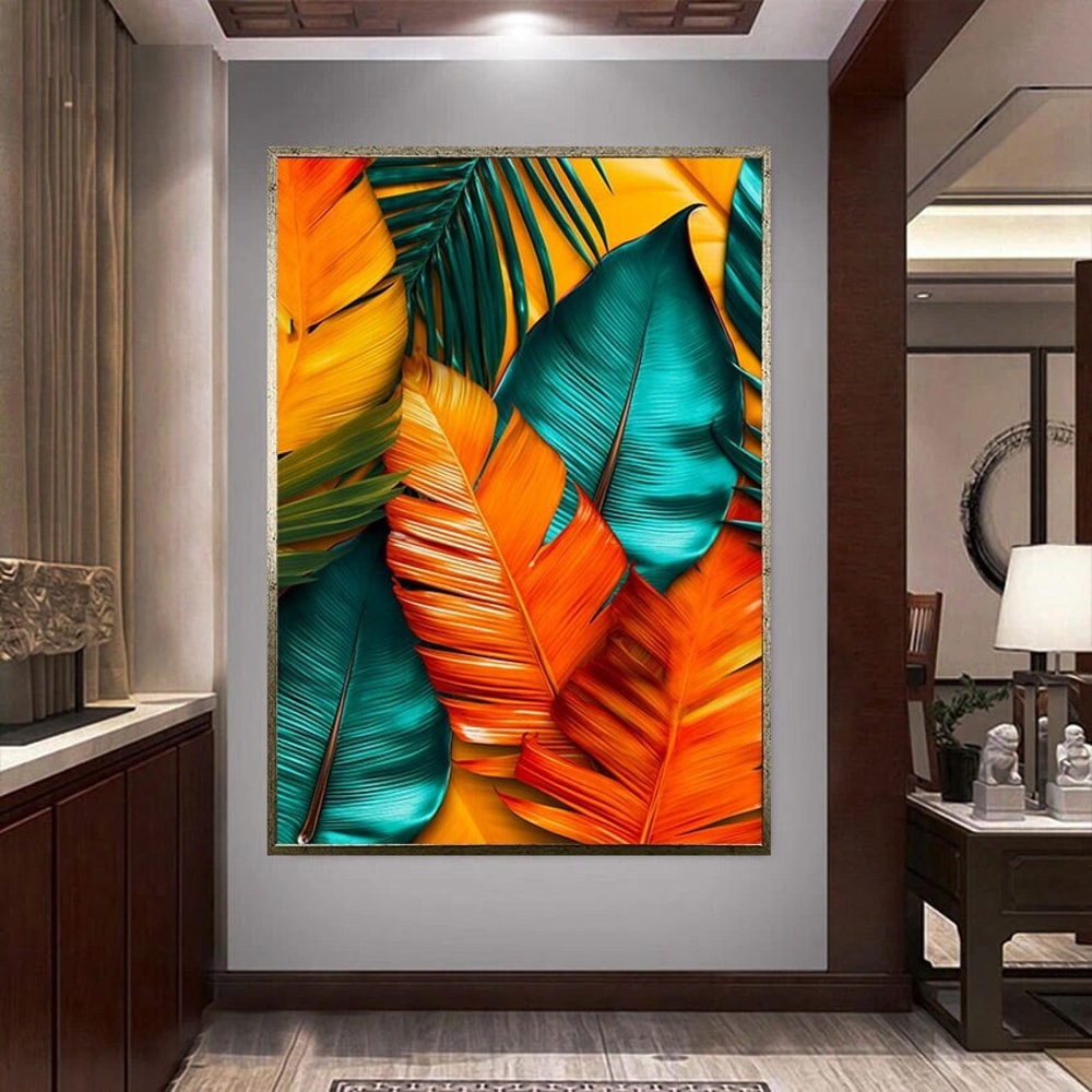 colorful canvas print, leaf wall decor, orange blue decoration, ready to hang canvas.jpg