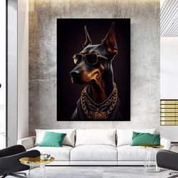 doberman canvas wall art, doberman canvas wall art with gold chains, bespectacled dog canvas print a