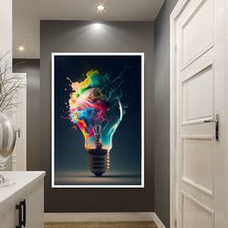 exploding lamp canvas wall art, colorful light bulb ready to hang canvas print art, color scattering