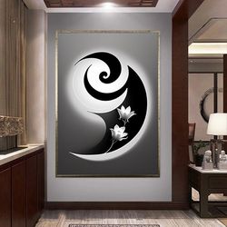 framed yin yang canvas, black and white, boho wall art, ying yang art, yoga home decor, yin yang tre