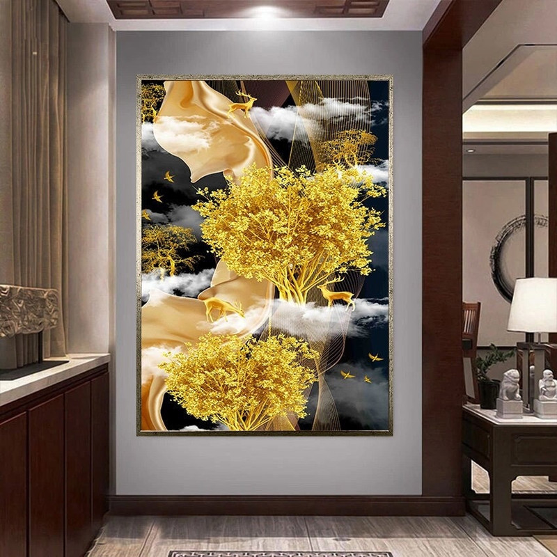 golden trees canvas wall art, golden deer canvas print art, golden birds ready to hang canvas wall decor, luxury canvas wall decor.jpg
