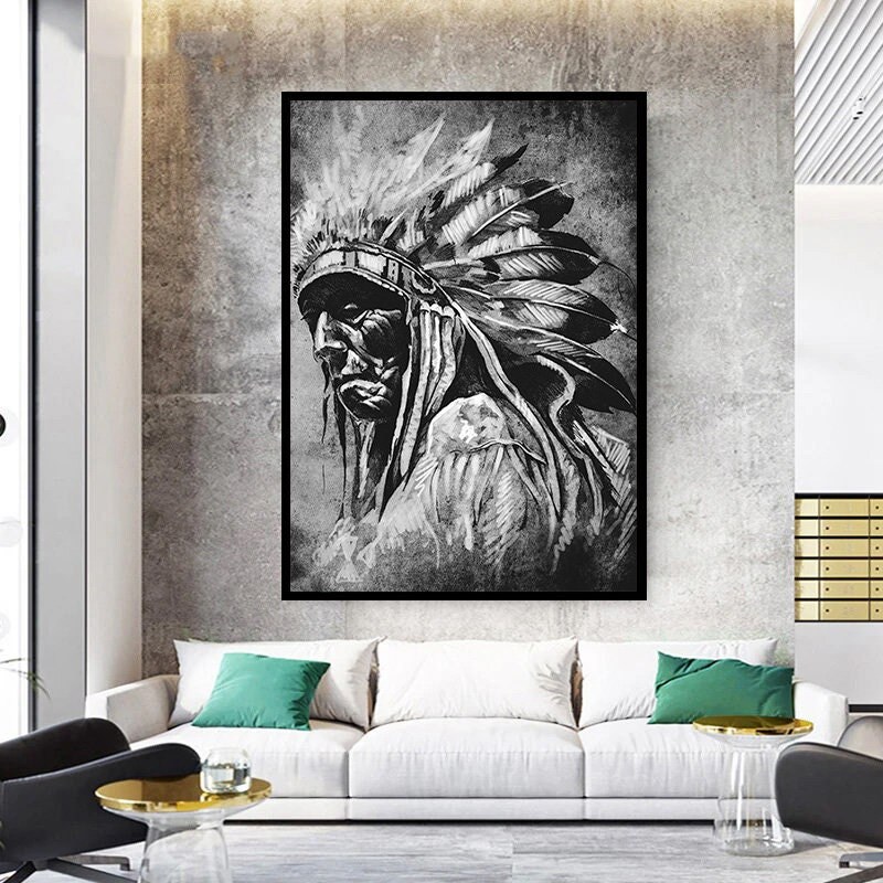 indian man canvas print, old indian, black and white decor, indian man with head accessory, old indian man, ready to hang canvas.jpg