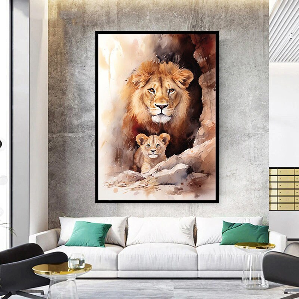 Lion cub and his father canvas wall decor, Lion family canvas, lion and cub painting, lion room art, lion wall decoration, animal poster.jpg