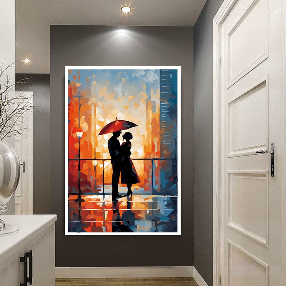 lovers in the rain canvas wall art, couple with umbrella canvas print art, colorful rain ready to hang canvas wall art, love art.jpg