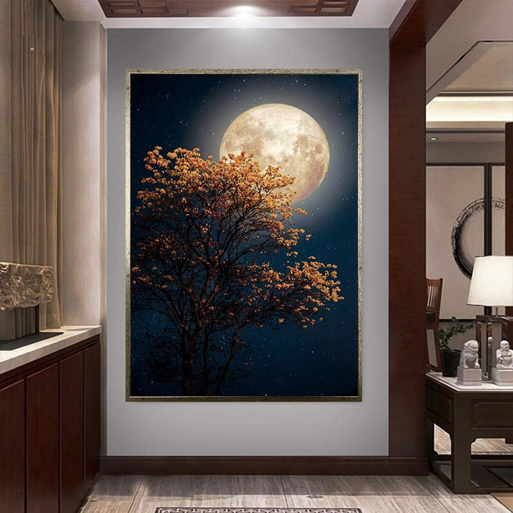 moon landscape canvas wall art, night landscape canvas print art, moonlight and tree ready to hang canvas wall art, yellow leaf tree art.jpg