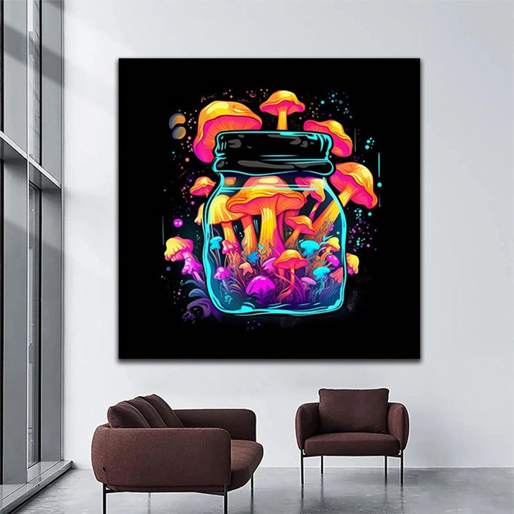 mushroom canvas print, jar canvas decor, colorful wall art, pink orange canvas print,.jpg