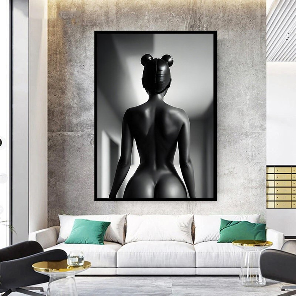 nude woman canvas print, cat girl canvas art, african girl art, black gray canvas wall decor.jpg