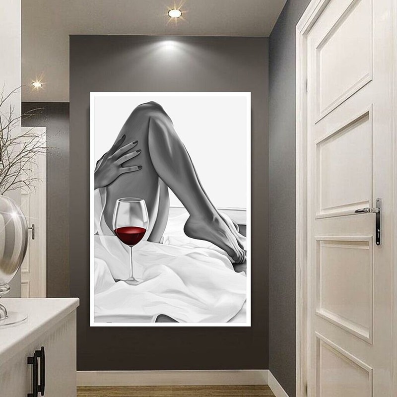 red wine canvas wall art, woman in bathrobe canvas print art, naked woman canvas wall decor, female feet ready to hang canvas wall decor.jpg