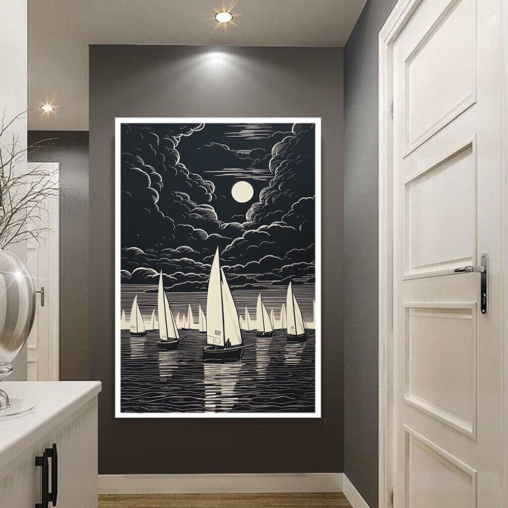 sailboat canvas wall art, ship fleet canvas wall decor, black and white ships ready to hang canvas wall art, black skyscape art.jpg