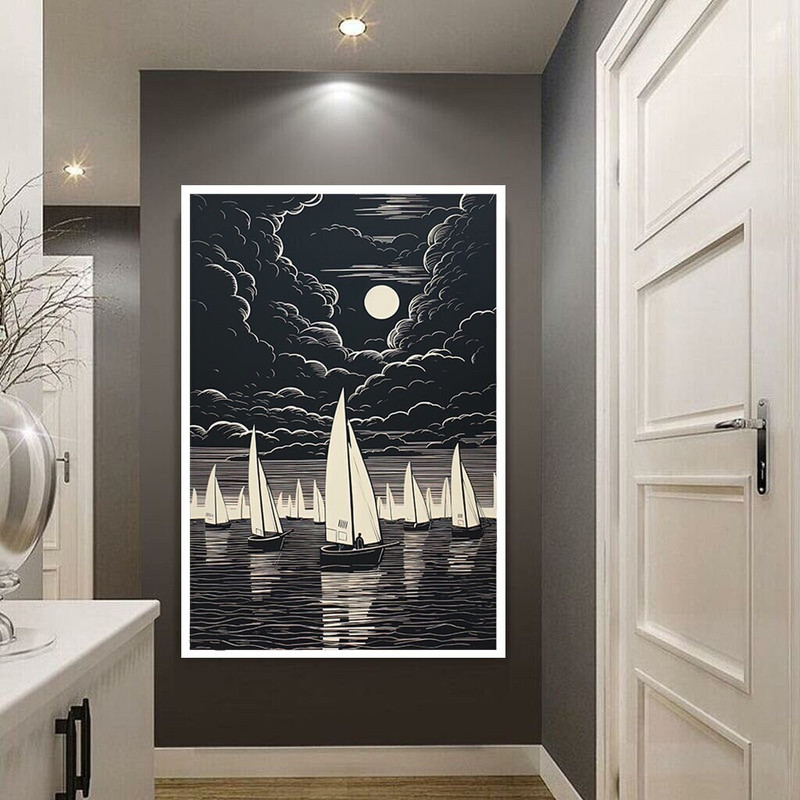 sailboat canvas wall art, ship fleet canvas wall decor, black and white ships ready to hang canvas wall art, black skyscape art.jpg
