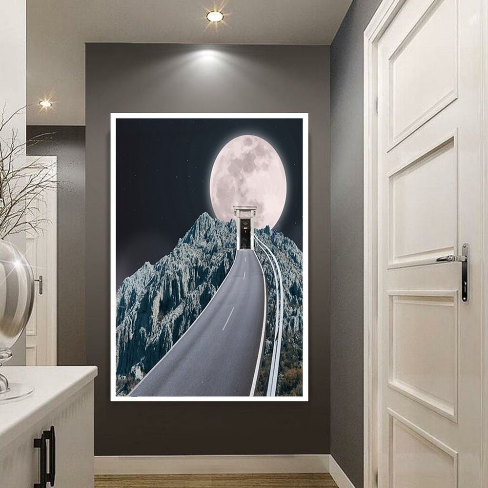 scenic decor, infinity road canvas, full moon landscape, mountain road art, ready to hang decor.jpg