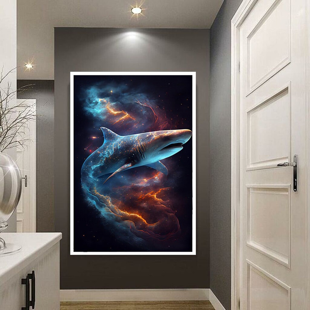 shark canvas print, flying shark wall decor, red blue wall art, animal canvas art, different animal canvas decorations.jpg