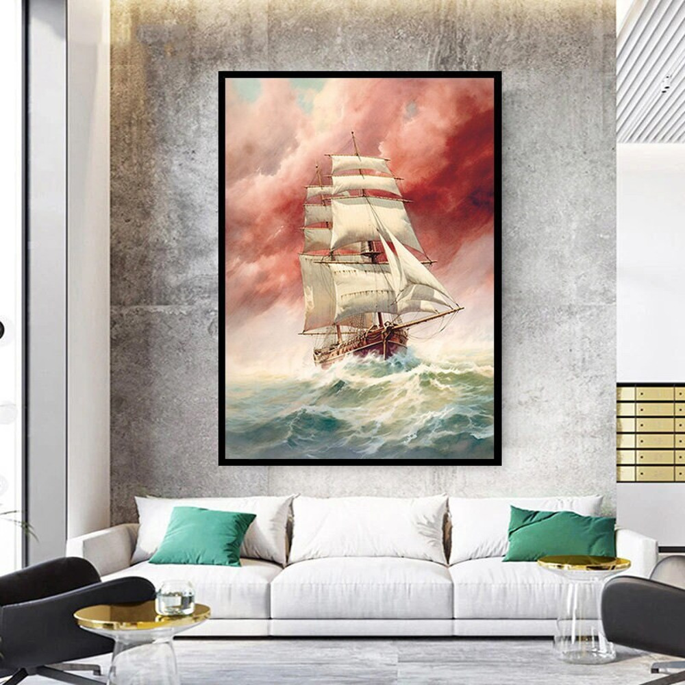 ship canvas print, colorful wall decor, ship at sunset wall art, abstract ship art, ship art in rough sea.jpg