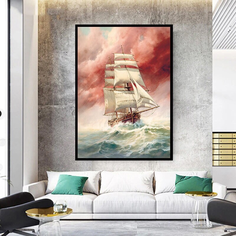 ship canvas print, colorful wall decor, ship at sunset wall art, abstract ship art, ship art in rough sea.jpg