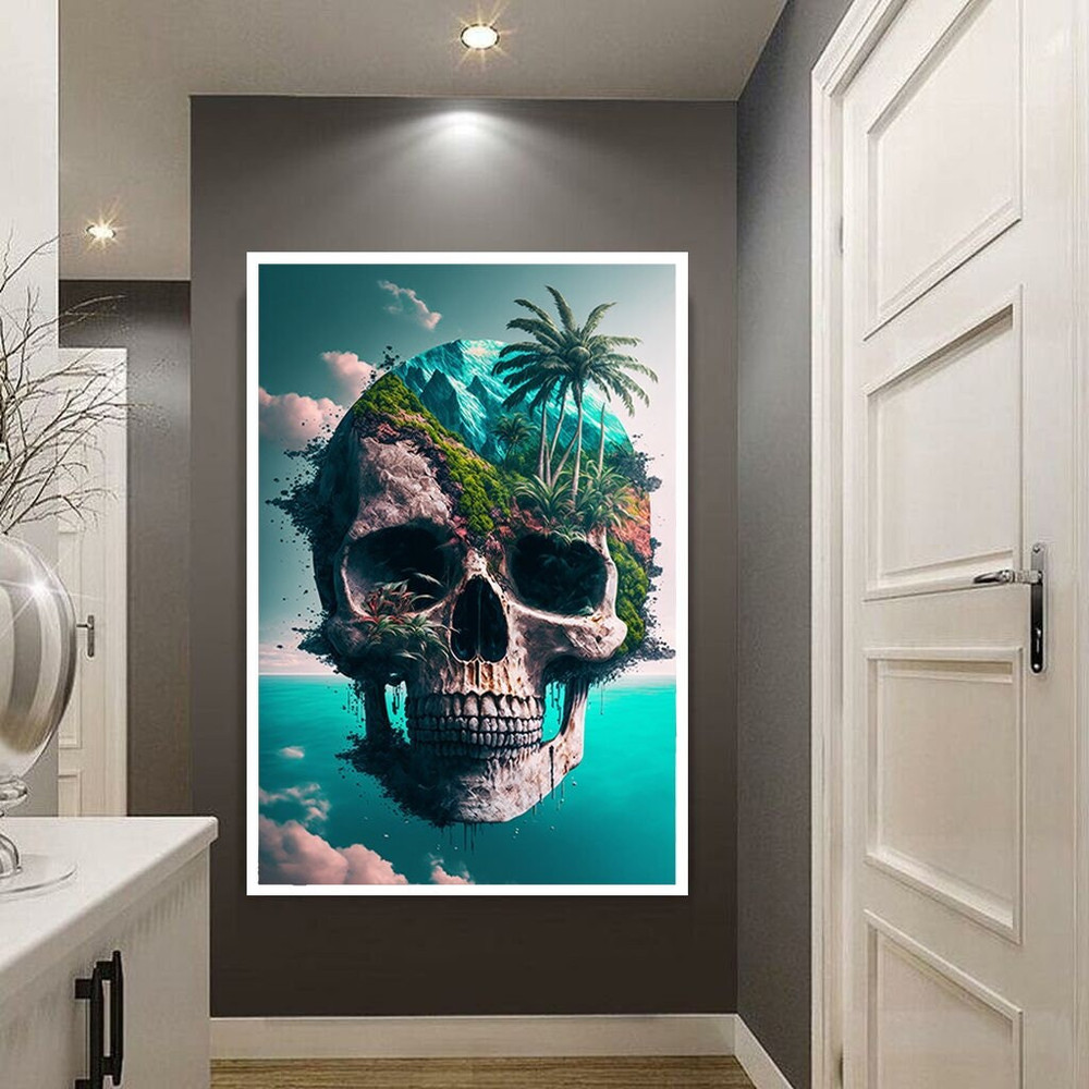 skeleton head canvas print, surreal skull canvas, seasonal skeleton, different skeleton decor, ready to hang canvas.jpg