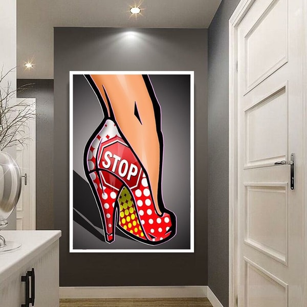 stop written shoes canvas wall art, graffiti shoes canvas print art, pop art canvas wall decor, woman feet graffiti art.jpg