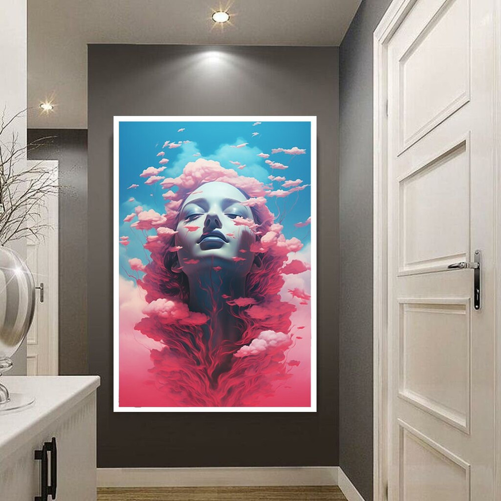 surreal female portrait canvas wall art, pink clouds canvas wall decor, pink smokes ready to hang canvas wall decor.jpg