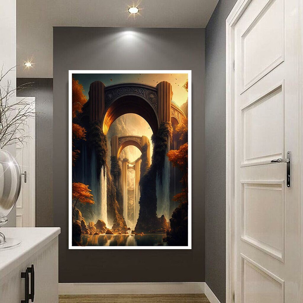 temple canvas wall art, sun temple ready to hang canvas print art, sunset landscape canvas wall art, water stream canvas wall decor.jpg