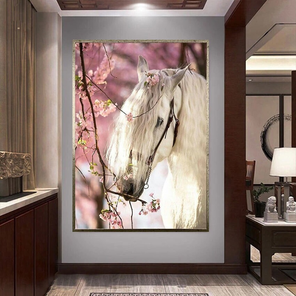 white horse canvas wall art, pink flowers canvas wall art, pink forest ready to hang canvas wall art, beautiful horse canvas wall art.jpg