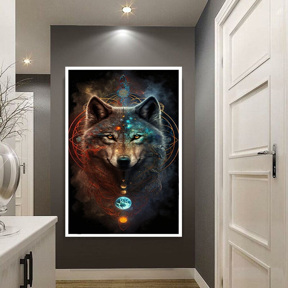 wolf in the stars canvas wall art, fire and water canvas wall decor, good and evil canvas print art, planets and wolf ready to hang canvas.jpg