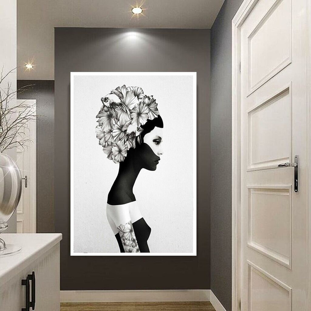 woman canvas print, white faced woman, half african woman art, flower head woman decor, black and white canvas.jpg