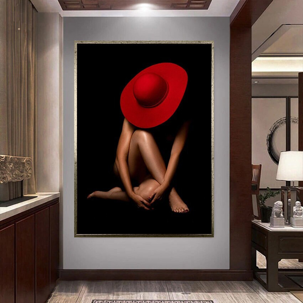 woman in red hat canvas wall art, nude woman canvas wall decor, sitting woman ready to hang canvas wall art.jpg