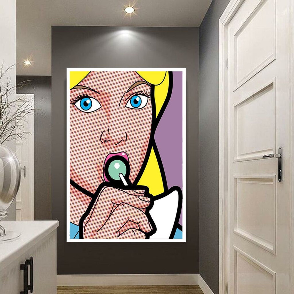 woman licking lollipop canvas wall art, blonde woman canvas print art, blue lollipop canvas wall art, blue eyed woman canvas wall decor.jpg