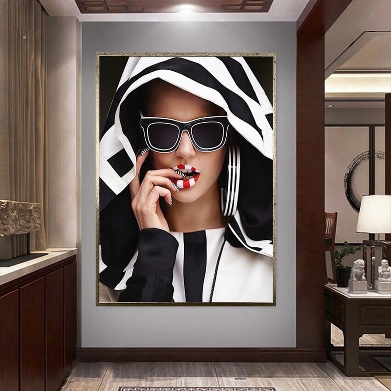 woman with fantastic make-up canvas wall art, woman in black and white hat ready to hang canvas wall art, woman with glasses canvas print.jpg