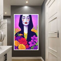 woman with flower head canvas painting, purple roses and woman print, flower woman poster, flowers a