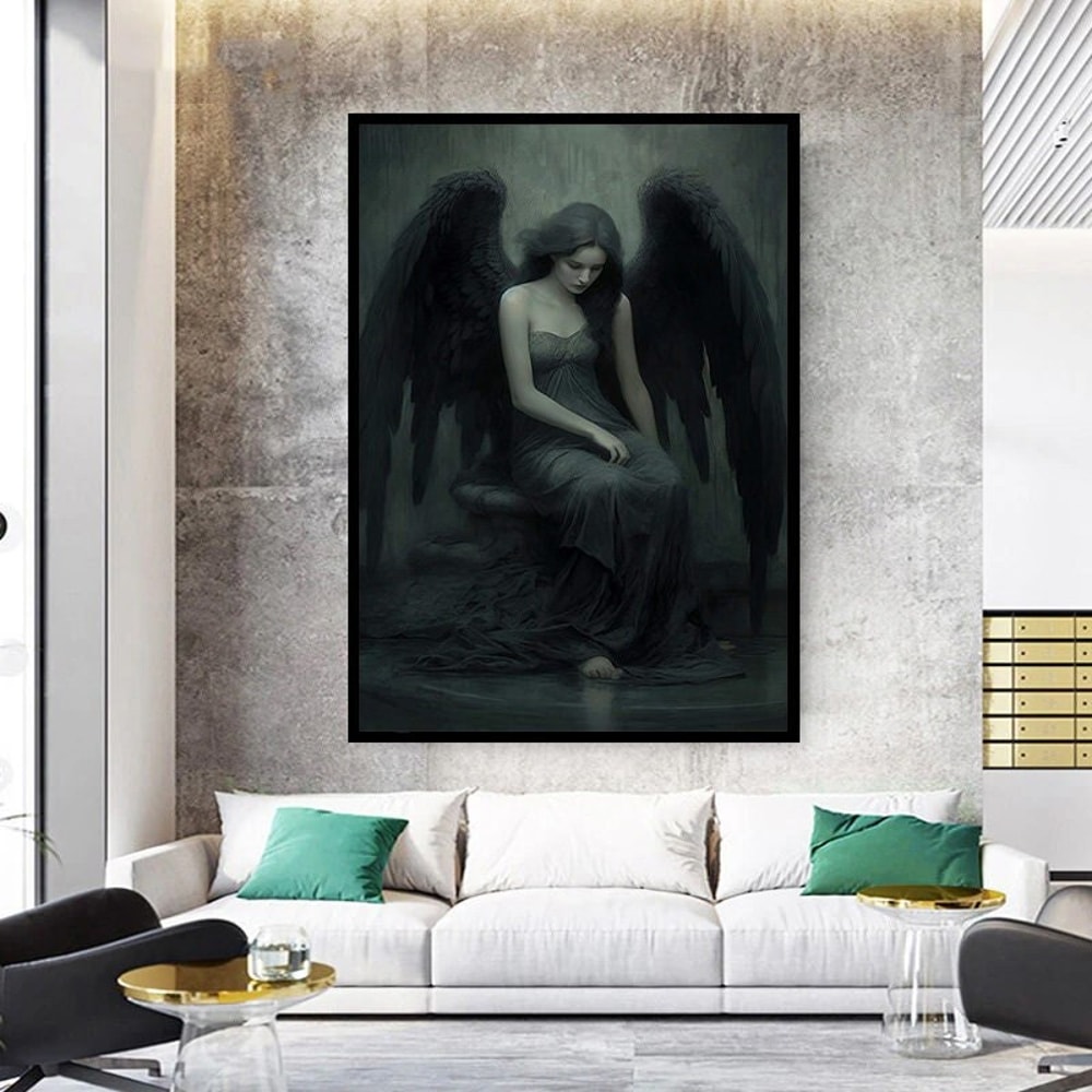 woman with wings canvas print, angel woman, unhappy angel, woman in dress, ready to hang canvas.jpg