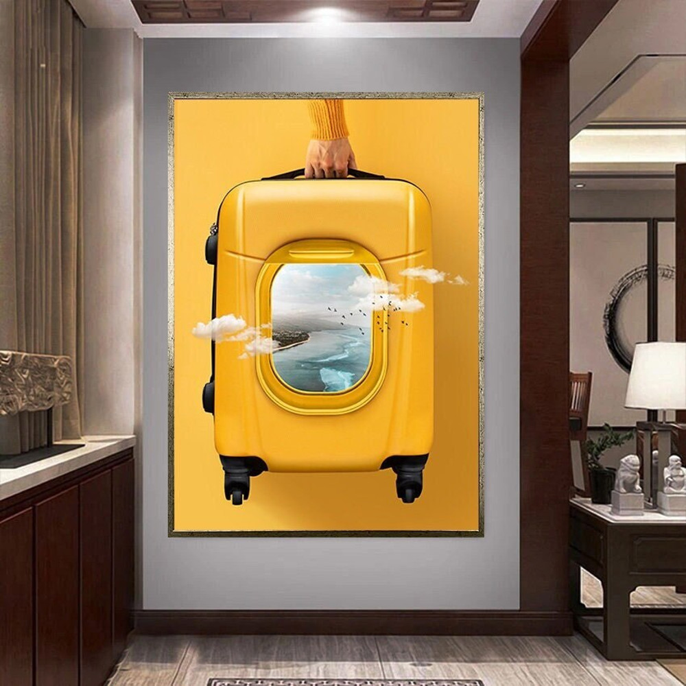 yellow suitcase canvas wall art, sky scenery canvas print art, seascape canvas wall decor, surreal suitcase canvas wall decor.jpg
